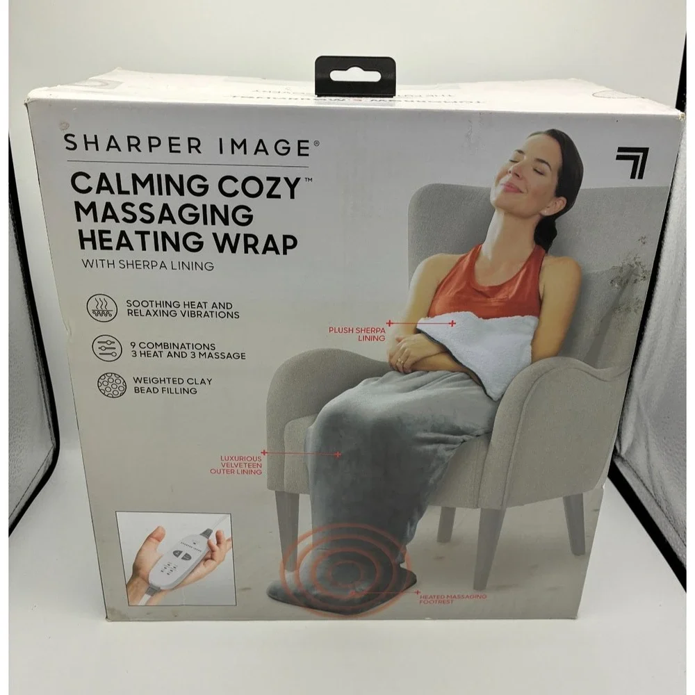 Sharper Image Calming Cozy Massaging Heating Wrap Sherpa Gray New Open Box